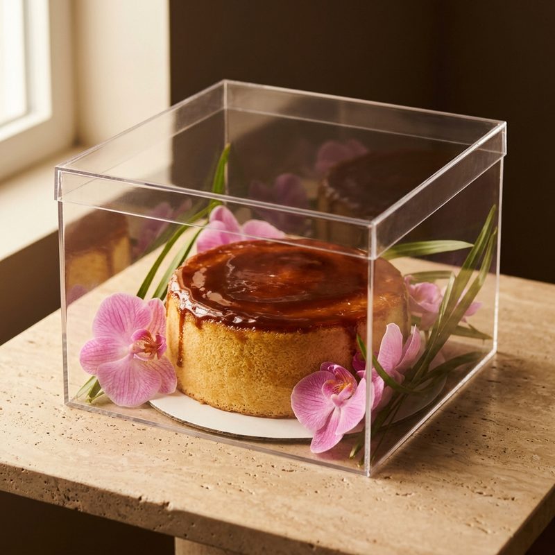 Caramel cake in a clear gift box